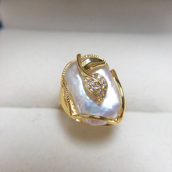 Natural Freshwater Baroque Ring Pearl 18K Gold Women Jewelry