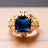 Square Blue Sapphire Ring Gold Women Wedding Vintage Jewelry