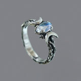 Antique Silver Guardian Angel Ring Green Moonstone for Women Jewelry