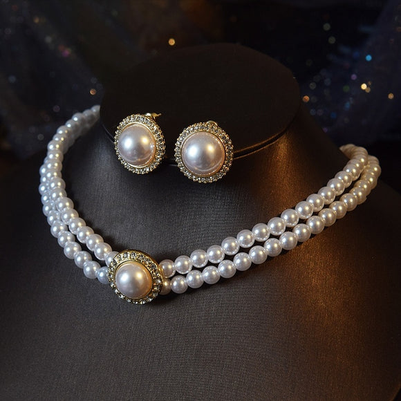 Vintage Pearl Double Layer Necklace Earrings Women Wedding Jewelry