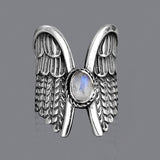 Antique Silver Guardian Angel Ring Green Moonstone for Women Jewelry