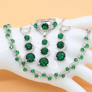 Green Emerald Jewelry set Silver Pendant Necklace Bracelet Earrings