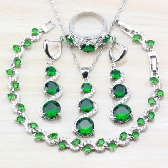 Green Emerald Jewelry set Silver Pendant Necklace Bracelet Earrings