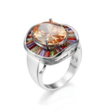 Big Champagne Zircon Ring Round Silver Jewelry for Women