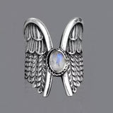 Antique Silver Guardian Angel Ring Green Moonstone for Women Jewelry