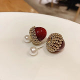 Luxury Red Opal Cherry Stud Earrings Spherical for Women Gift Jewelry