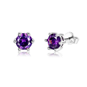 ROUND PURPLE ZIRCON STUD EARRINGS 925 STERLING SILVER WEDDING JEWELRY