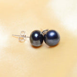 Genuine Black Freshwater Pearl Stud Earrings 925 Sterling Silver Women's Fine Jewelry