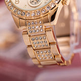 Gemstone Yellow Gold Watch Women's Silver Quartz WristWatch Anolog Bracelet