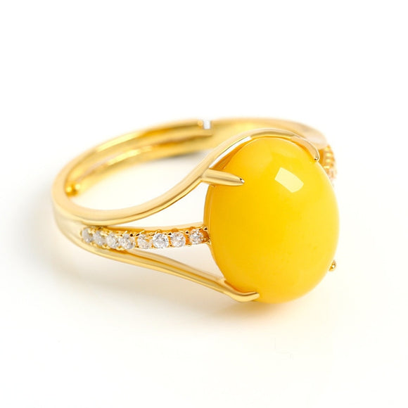 Natural Yellow Amber Ring Adjustable 14K Yellow Gold Women's Engagement Jewelry