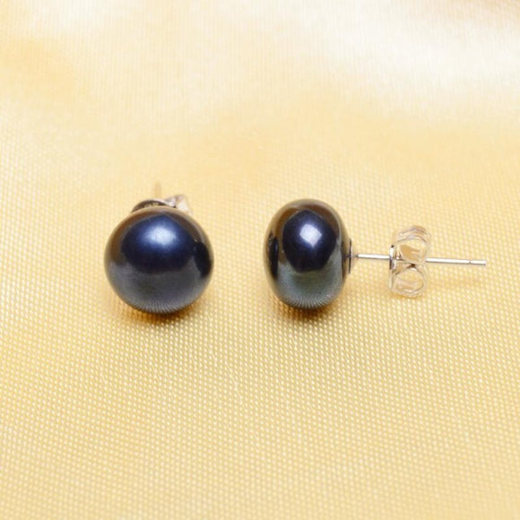 Genuine Black Freshwater Pearl Stud Earrings 925 Sterling Silver Women's Fine Jewelry