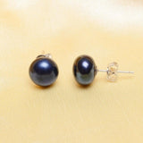 Genuine Black Freshwater Pearl Stud Earrings 925 Sterling Silver Women's Fine Jewelry