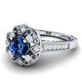 Blue Sapphire Flower Ring Silver Women Jewelry Engagement