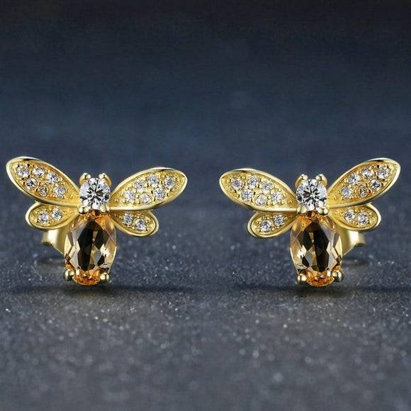 Vintage Citrine Gemstone Stud Earrings Bee 925 Sterling Silver Fine Jewelry