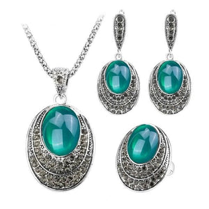 Vintage Silver Oval Gemstone Jewelry Set Women Wedding Jewelry