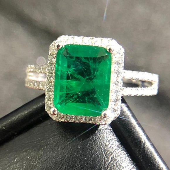 Natural Green Gemstone Emerald Ring 925 Sterling Silver Women's Princess Jewelry