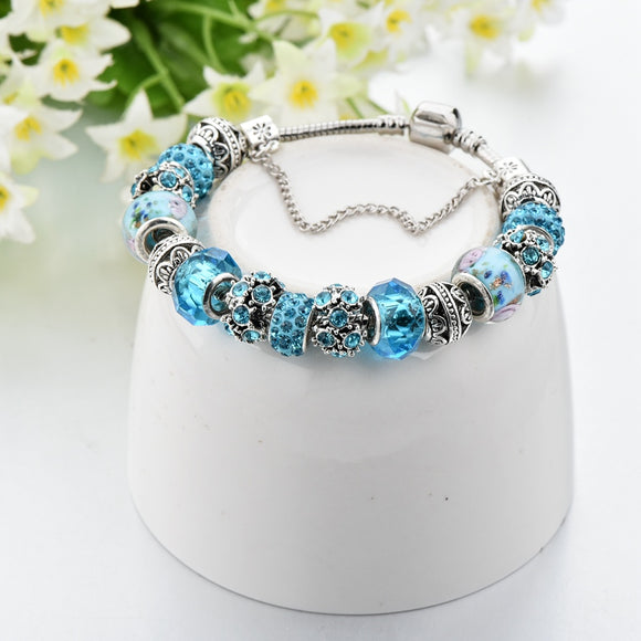 Vintage Blue Beads Bangle Bracelet Women Anniverssary Jewelry