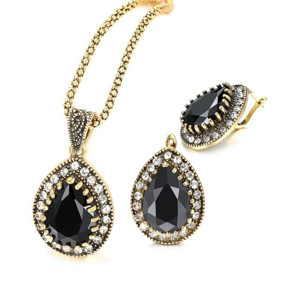 Vintage Black Stone Jewelry Sets Earrings Necklace For Women Jewelry