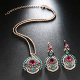 3Pcs Vintage Gold Pink Jewelry Set Women Earrings Necklace Ring