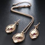 3Pcs Vintage Gold Pink Jewelry Set Women Earrings Necklace Ring