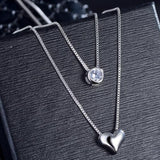 Double Layer Chain Zircon Heart Pendant Necklace For Women Silver Jewelry