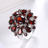 Dark Red Ruby Flower Gemstone Ring 925 Silver Wedding Jewelry For Women