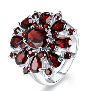 Dark Red Ruby Flower Gemstone Ring 925 Silver Wedding Jewelry For Women