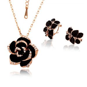 Enamel Flower Jewelry Set Rose Gold Black for Women Wedding Jewelry