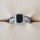 1.45Ct Black White Sapphire Ring Square Cut Women Jewelry