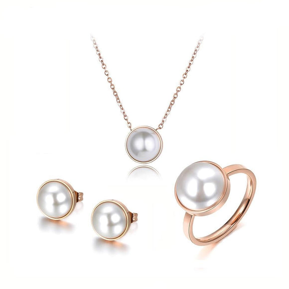 Vintage Pearl Wedding Jewelry Set Necklace Earrings Rings Rose Gold For Women