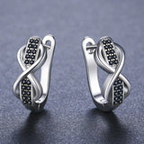 Round Black Spinel Engagement Bow Hoop Earrings for Women Silver Jewelry