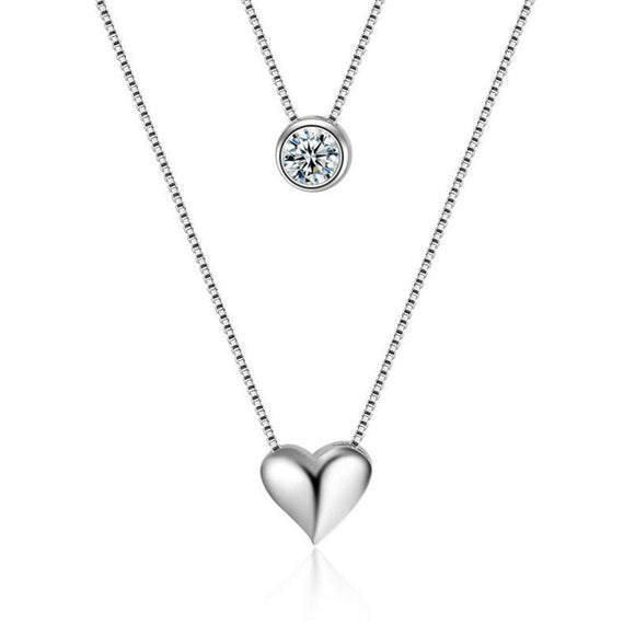 Double Layer Chain Zircon Heart Pendant Necklace For Women Silver Jewelry