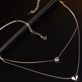 Double Layer Chain Zircon Heart Pendant Necklace For Women Silver Jewelry