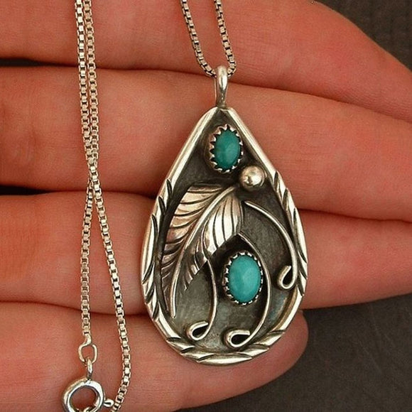 Vintage Turquoises Stone Pendant Necklace Water Drop Metal Women's Jewelry