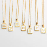 Square Natural Shell Initial Letters Pendant Chain Necklace 18K Golden Jewelry