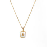 Square Natural Shell Initial Letters Pendant Chain Necklace 18K Golden Jewelry