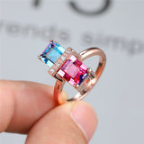 Luxury Rainbow Gemstone Ring Rose Gold Wedding For Women Square Zircon