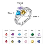 Engraved Name Silver Ring for Women Customized 3 Heart Birthstones