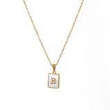 Square Natural Shell Initial Letters Pendant Chain Necklace 18K Golden Jewelry