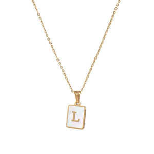 SQUARE NATURAL SHELL INITIAL LETTERS PENDANT CHAIN NECKLACE 18K GOLDEN JEWELRY