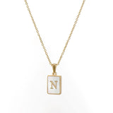 Square Natural Shell Initial Letters Pendant Chain Necklace 18K Golden Jewelry