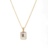 Square Natural Shell Initial Letters Pendant Chain Necklace 18K Golden Jewelry