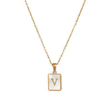 Square Natural Shell Initial Letters Pendant Chain Necklace 18K Golden Jewelry