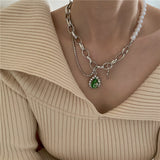 Green Rhinestone Pendant Necklace Silver Chain Pearl Water for Women