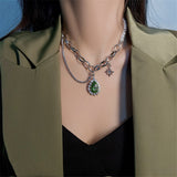 Green Rhinestone Pendant Necklace Silver Chain Pearl Water for Women