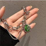 Green Rhinestone Pendant Necklace Silver Chain Pearl Water for Women