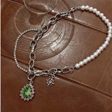 Green Rhinestone Pendant Necklace Silver Chain Pearl Water for Women