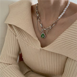 Green Rhinestone Pendant Necklace Silver Chain Pearl Water for Women