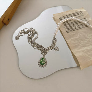 Green Rhinestone Pendant Necklace Silver Chain Pearl Water for Women