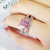 Square Pink Zircon Ring Set For Women 925 Silver Princess Wedding Jewelry